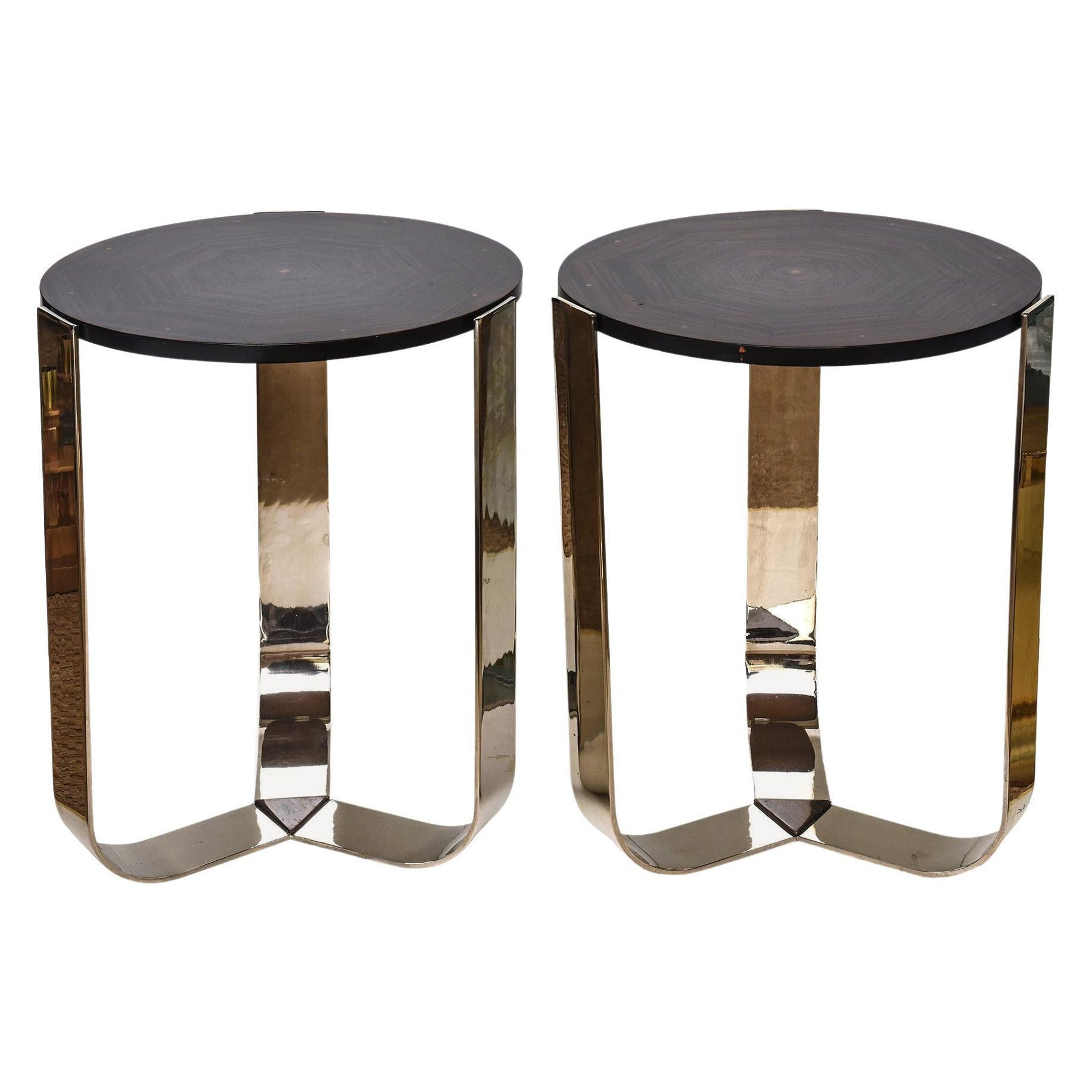 Rosewood, Wood and Chrome Plated Stainless Steel Side Table Deco Style Pair