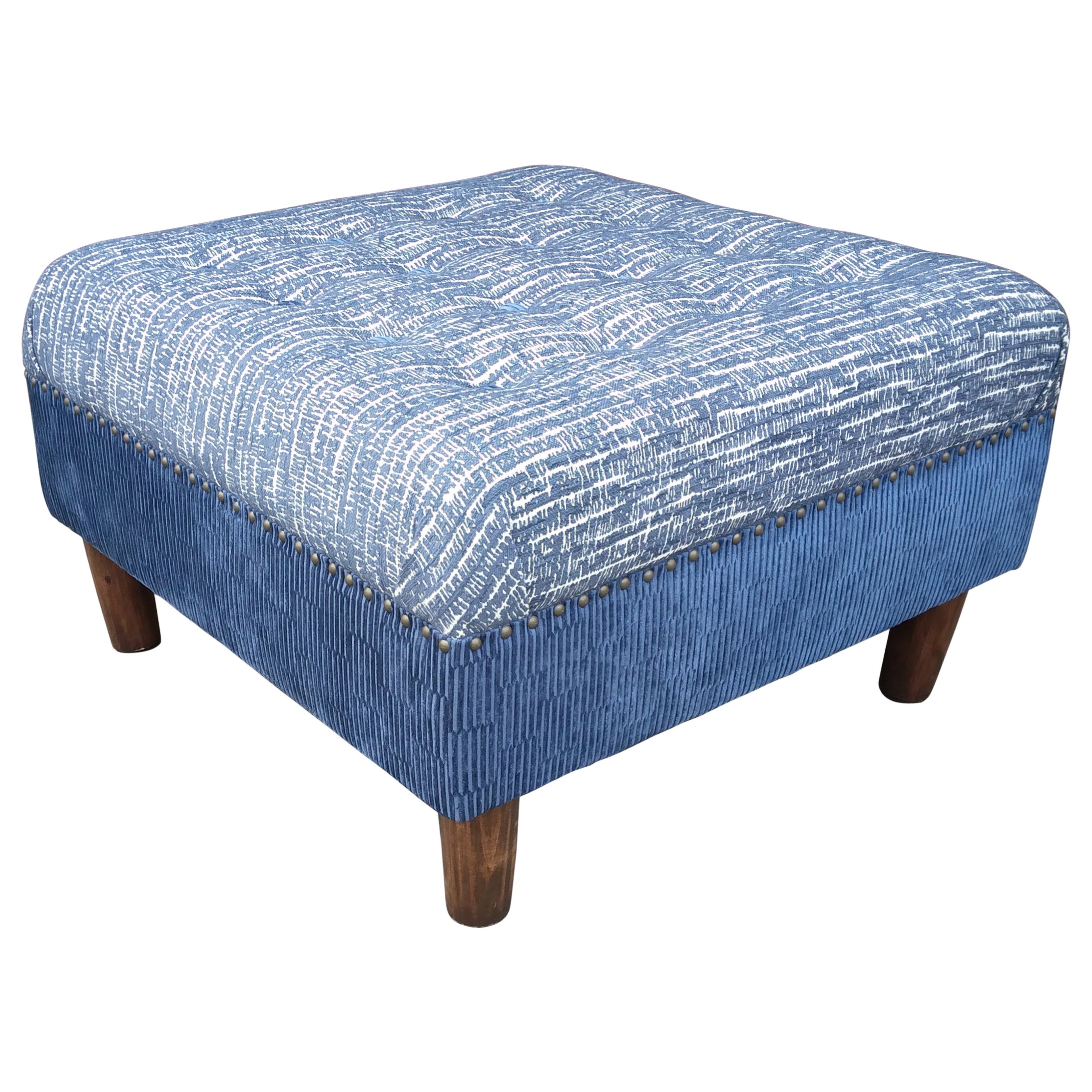 Contemporary Tufted Ottoman in Textured Blue Chenille