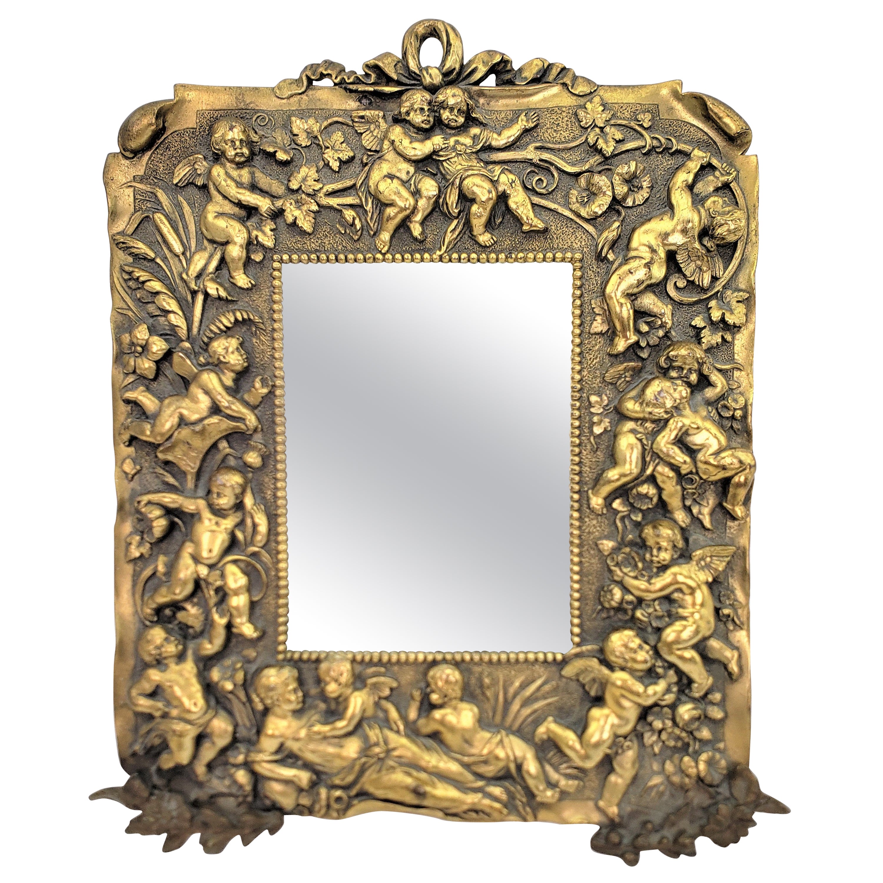 Antique Cast Bronze Table Mirror or Picture Frame with Cherubs & Floral Motif