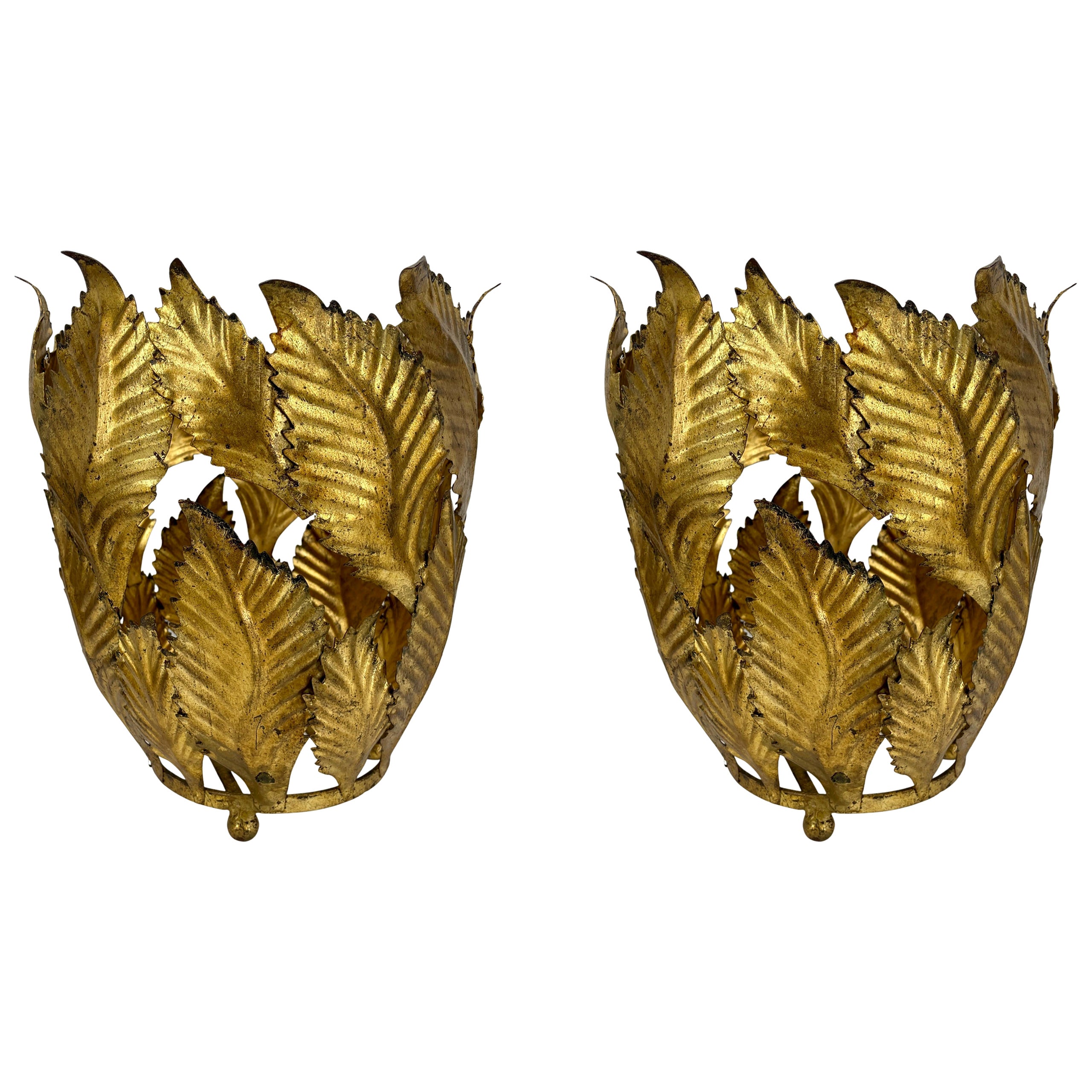 Pair of Italian Gold Gilt Tole Planter Cachepots with Leaves