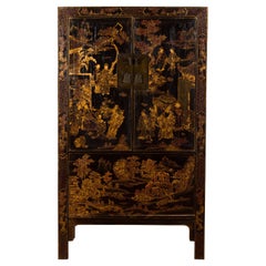 19th Century Qing Dynasty Chinese Black and Gold Chinoiserie Cabinet