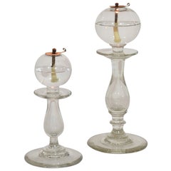 Antique Couple of 19th Century French Glass Weaver Oil Lamps