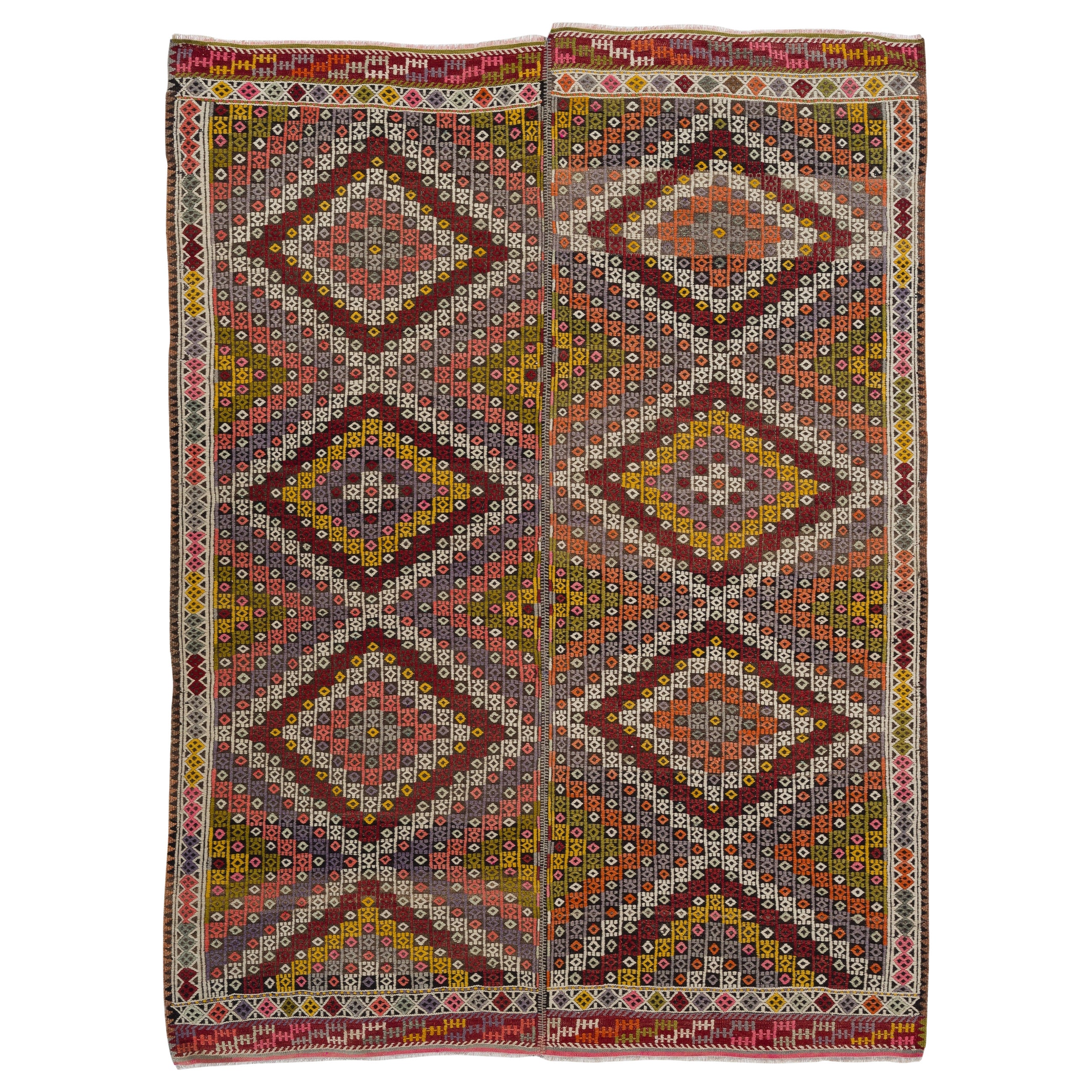 6x8 Ft Multicolored Hand-Woven Turkish Jijim Kilim. Vintage Geometric Design Rug For Sale