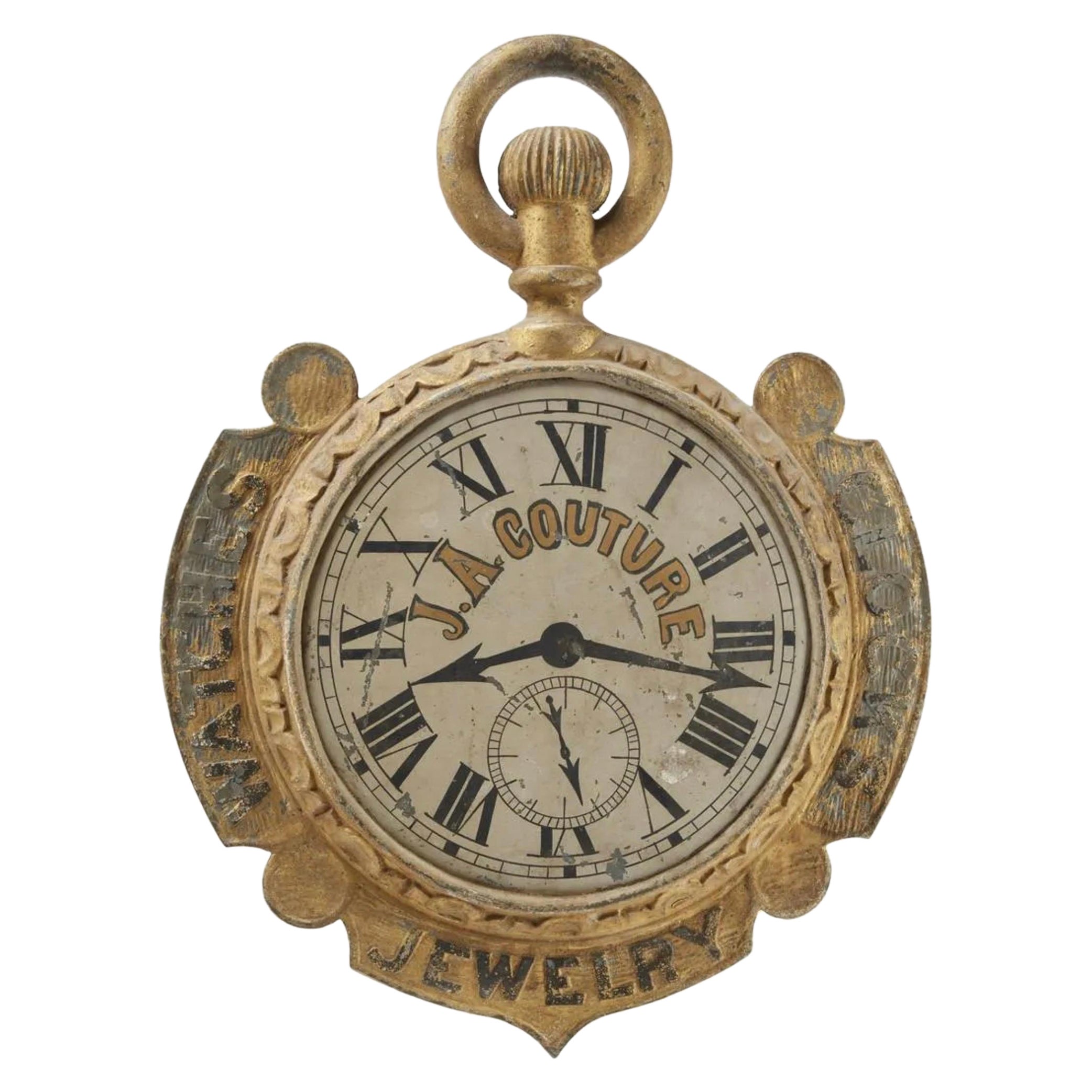 Signe d'enseigne de commerce d'une horloge en zinc du XIXe siècle