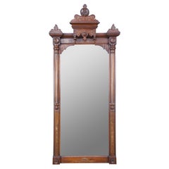Antique Victorian Eastlake Walnut Burl Carved Parlor Vanity Pier Wall Mirror