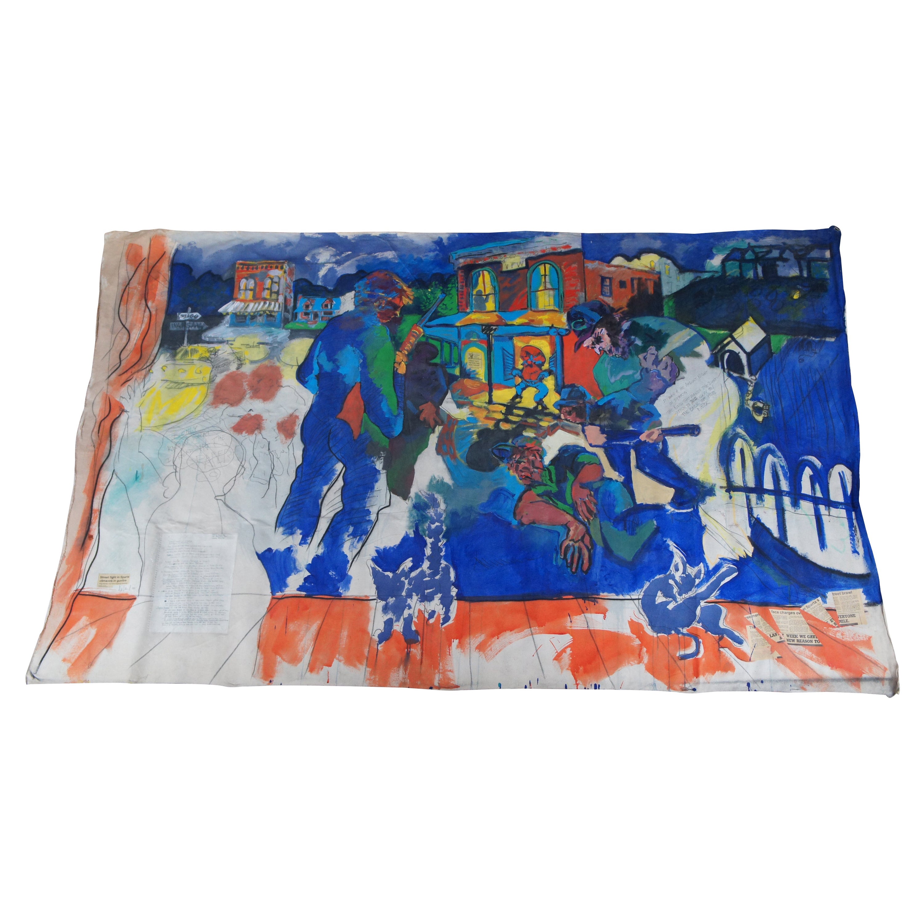 1988 David Devaul Mixed Media Street Fight in Sparta Gunfire Mural Art For Sale