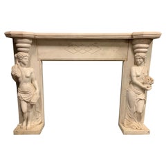 Antique Fireplace Mantle in White Marble, Carved Caryatids, Early 1900s, Italy