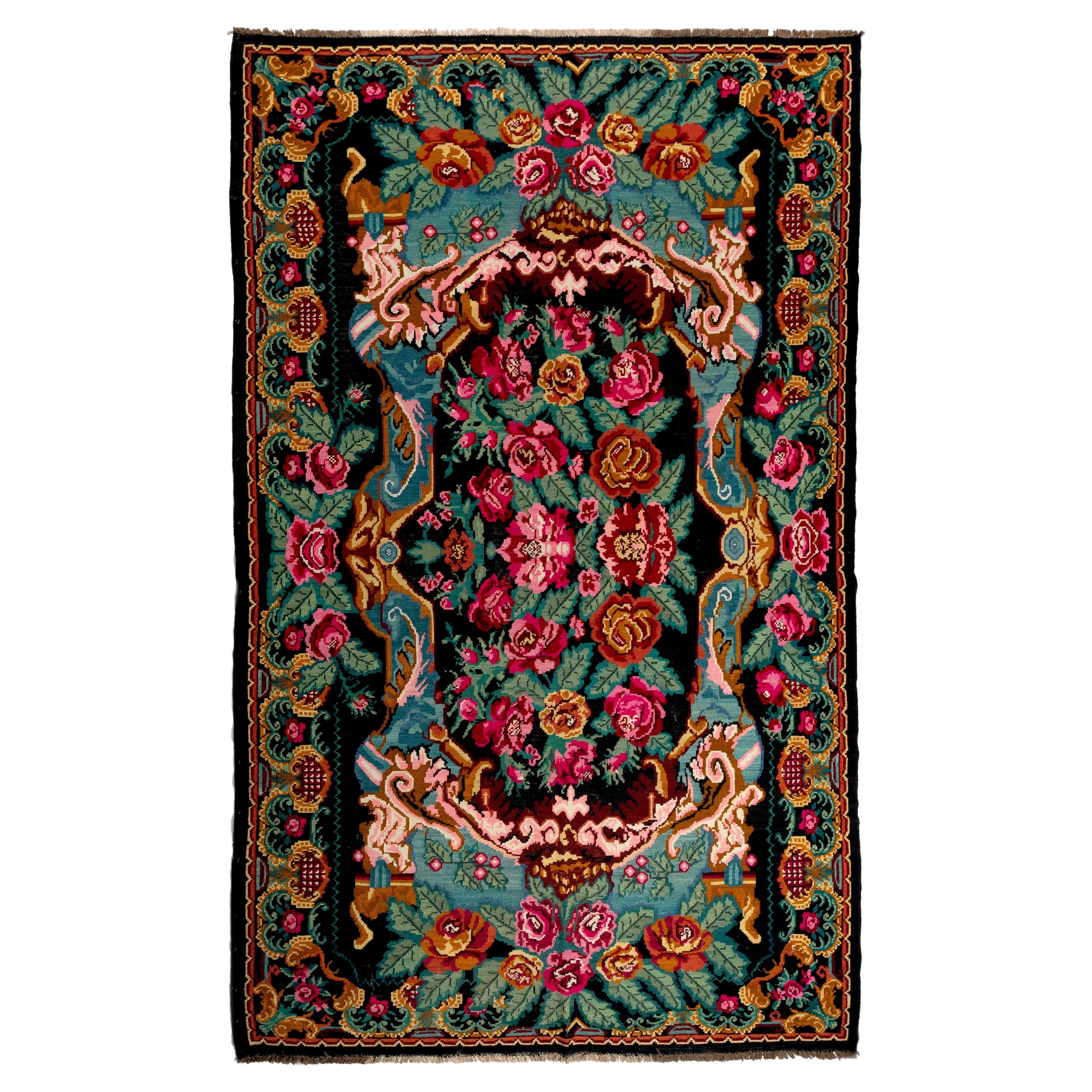 Tapis Kilim bessarabique vintage en laine tissée à la main à motifs floraux, 7,2 x 1,6 m