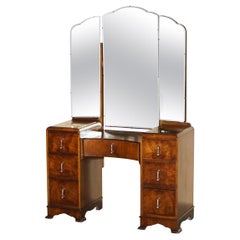 Antique Art Deco Burr Walnut Dressing Table with Tri Fold Mirrors Part of Suite