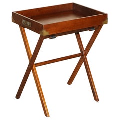 Used Hardwood Folding Campaign Tray Table with Removable Top for Butlers