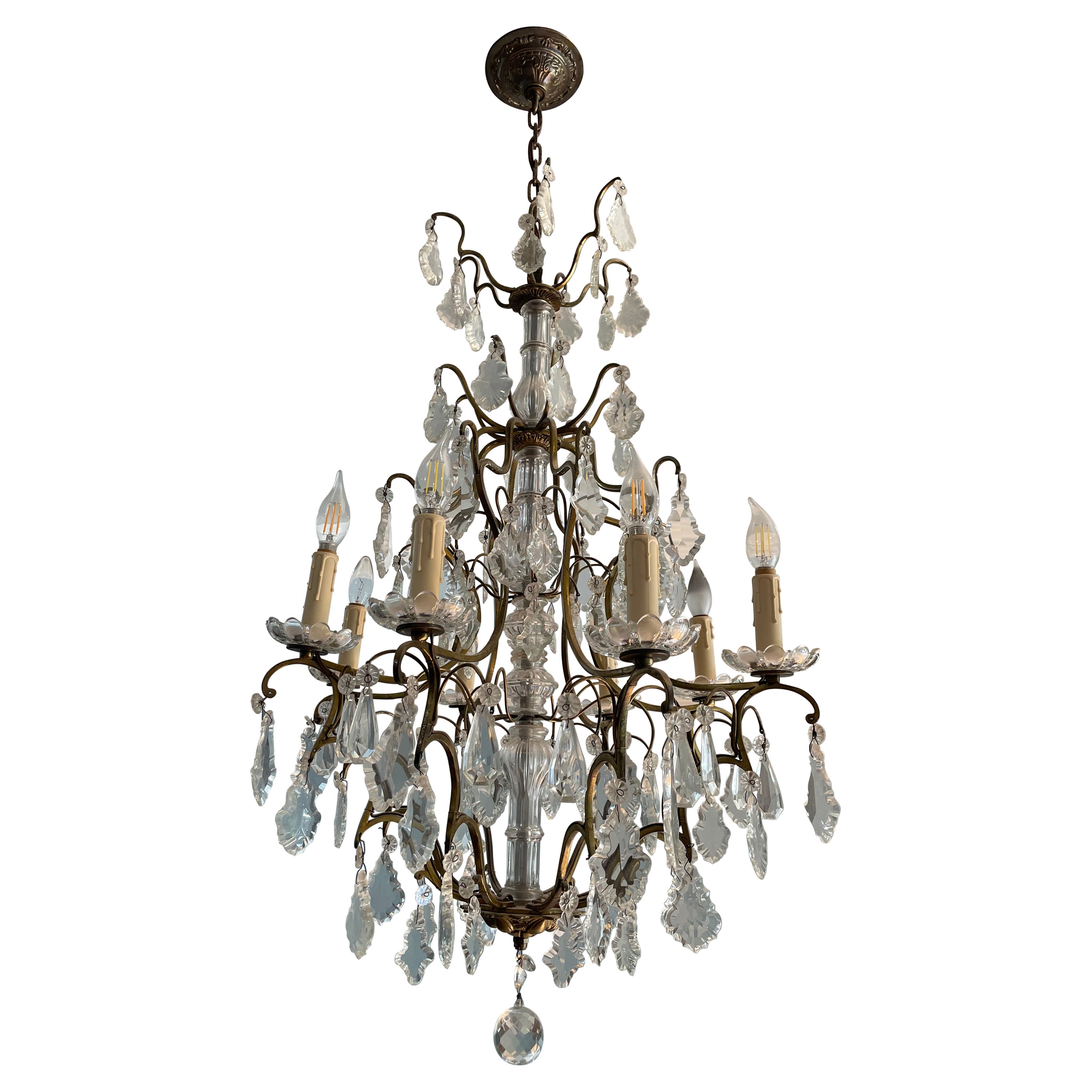Antique 1920s French Louis XVI Gilt Bronze Crystal Chandelier For Sale