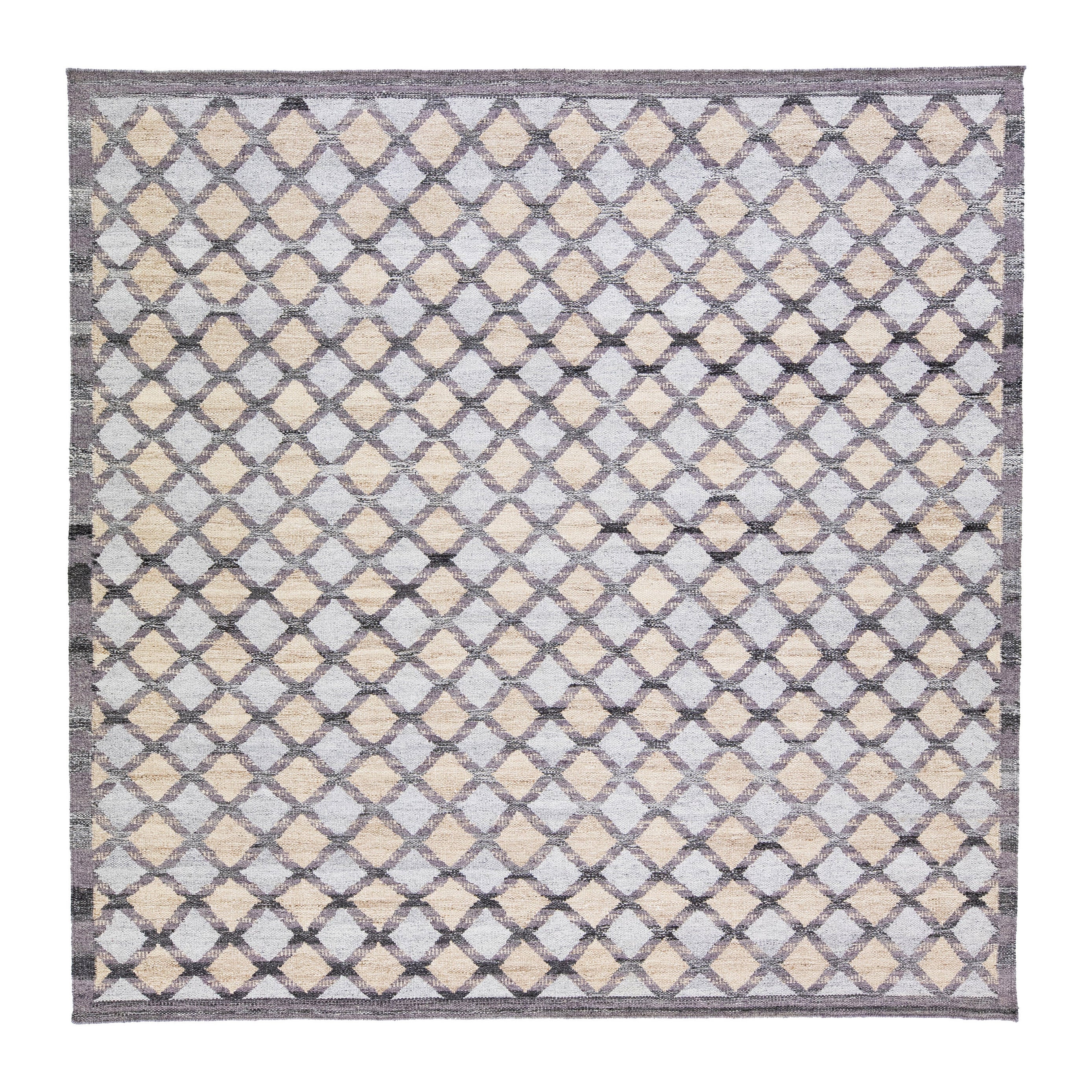 Moderner moderner handgefertigter grauer quadratischer Wollteppich im schwedischen Stil mit geometrischem Muster