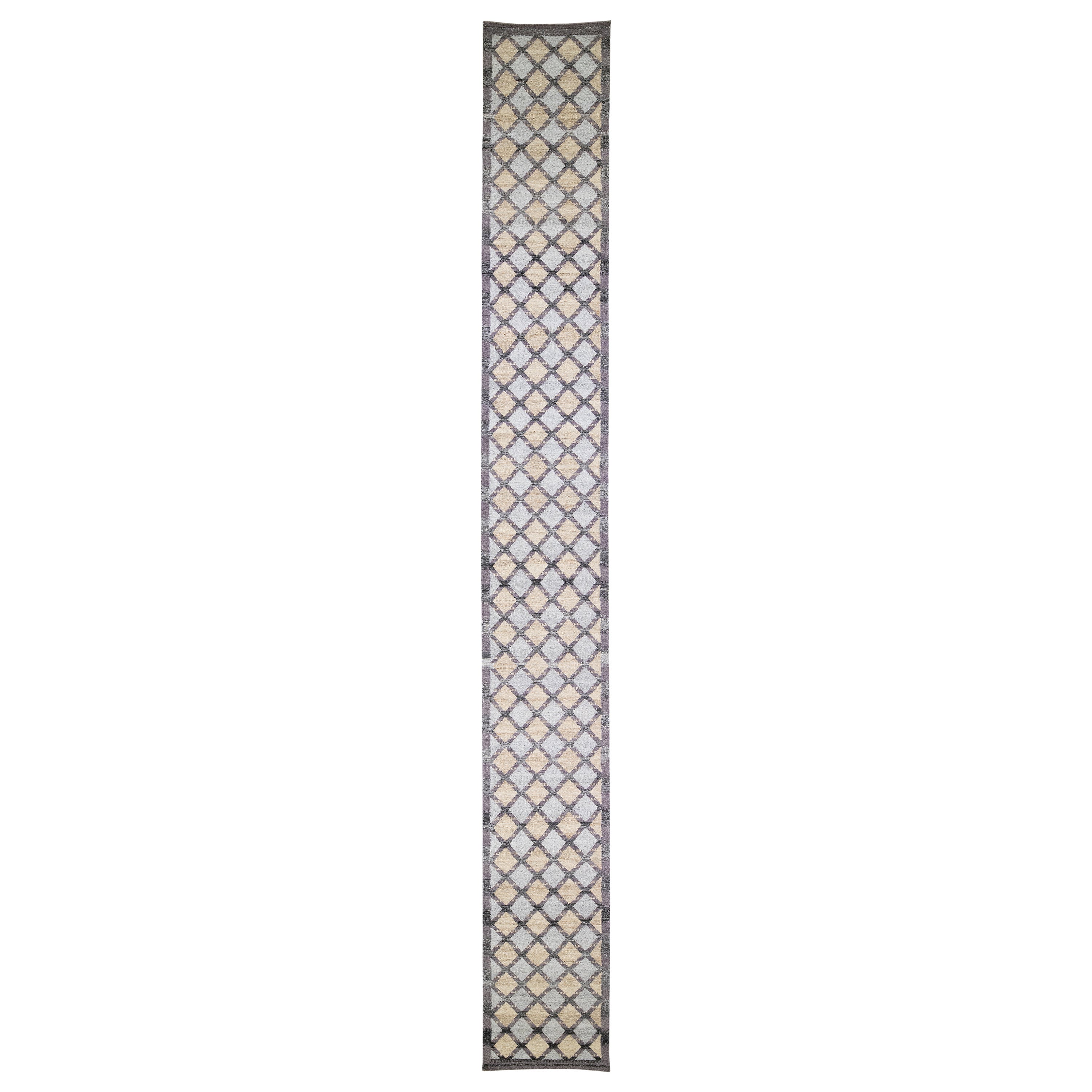 Long tapis de couloir en laine gris de style suédois moderne et moderne à motif géométrique fait à la main
