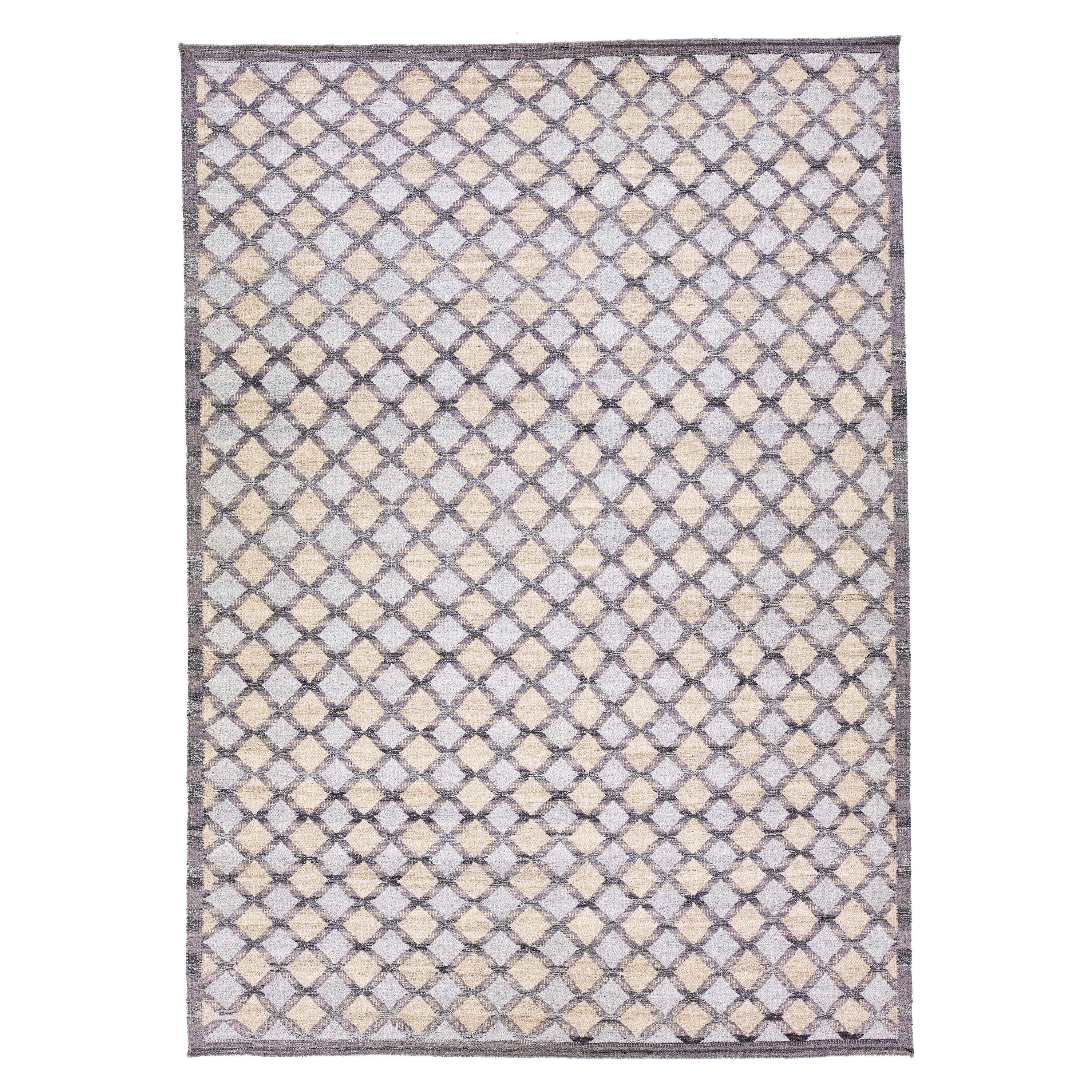 Modern Swedish Style Gray and Beige Handmade Geometric Wool Rug For Sale