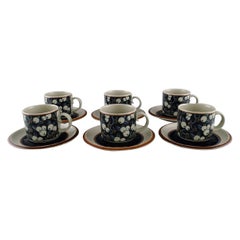 Vintage Inkeri Seppälä for Arabia, Six Taika Coffee Cups with Saucers in Stoneware