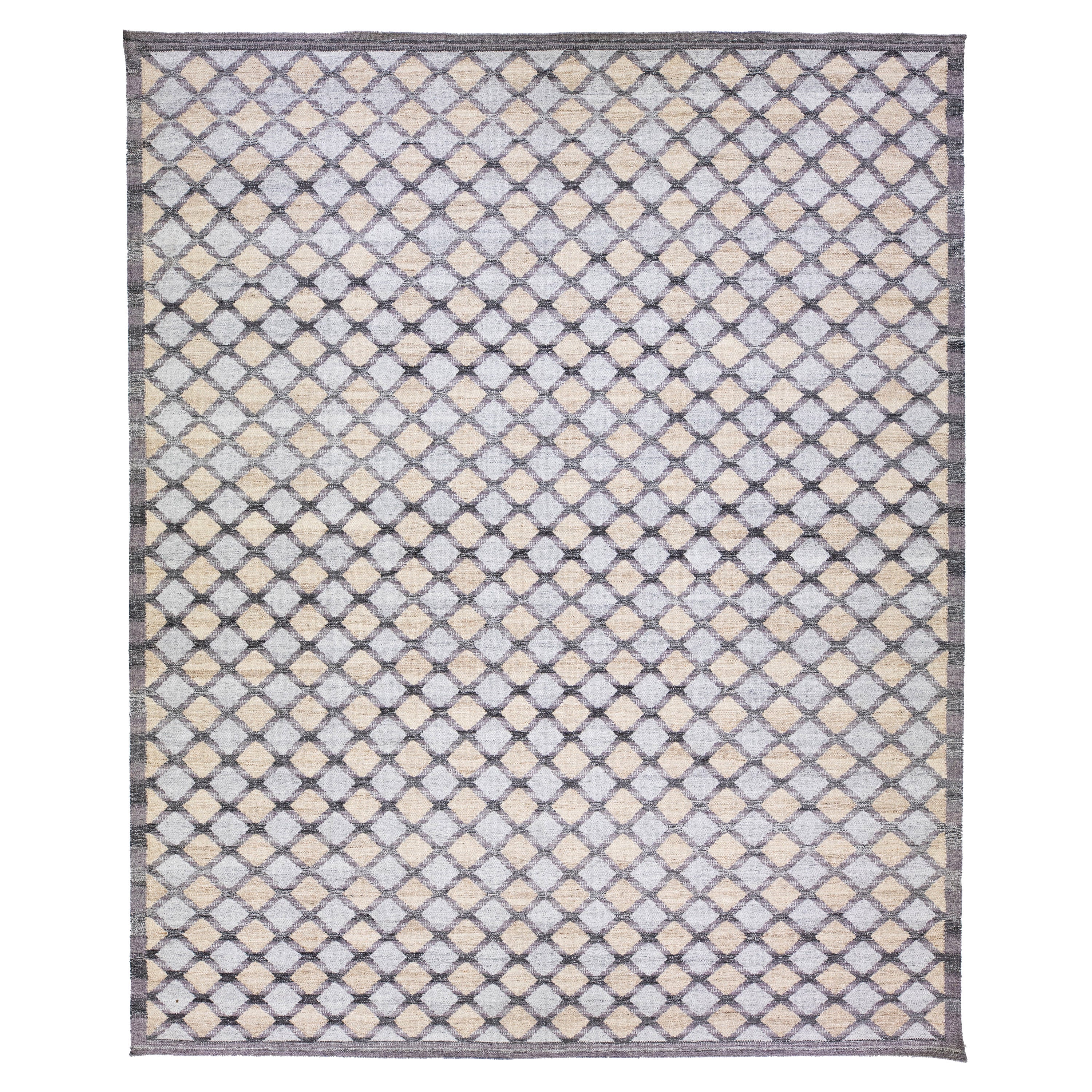 Grauer grauer handgefertigter Wollteppich im modernen schwedischen Stil mit geometrischem Motiv im Angebot