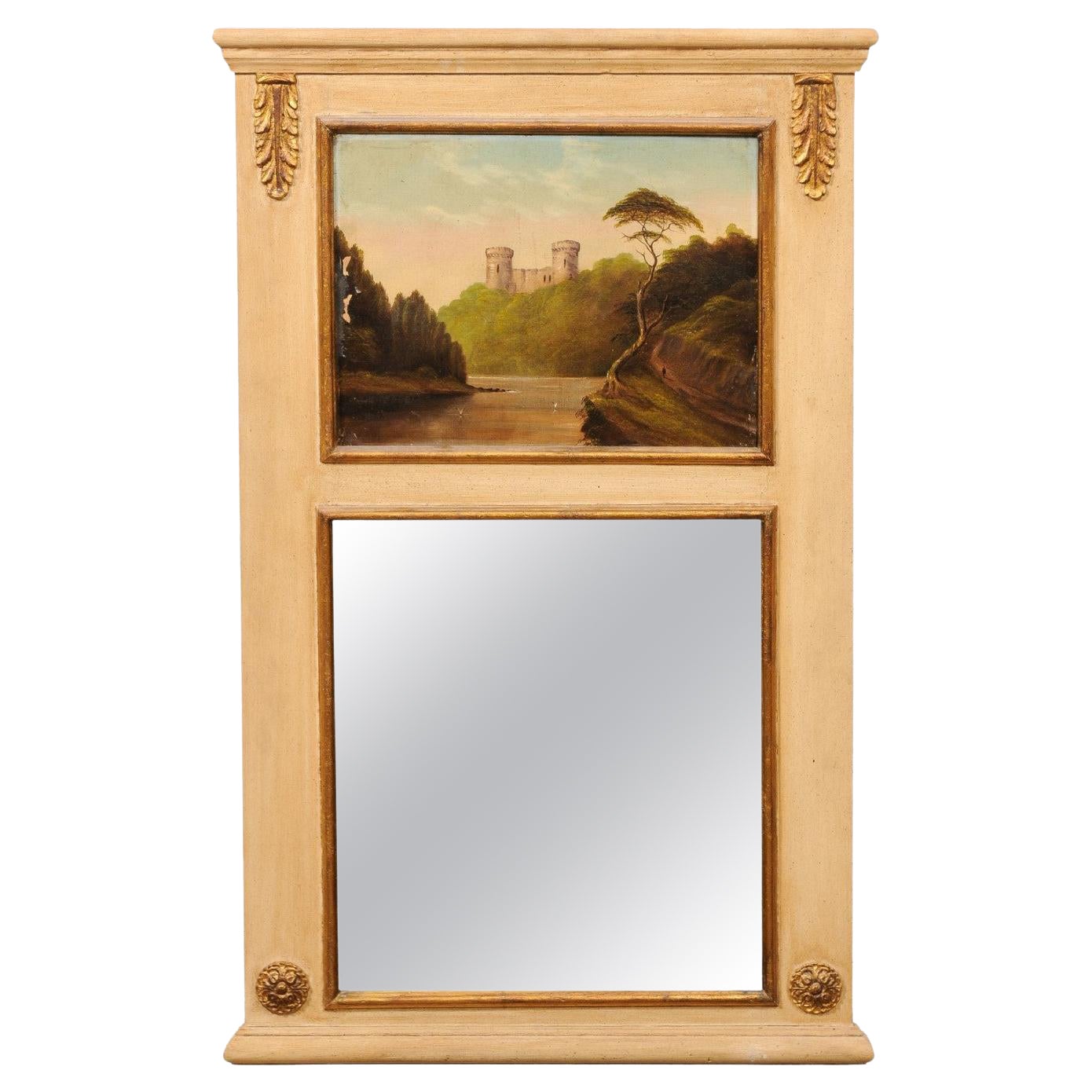 Petit miroir Trumeau avec peinture de paysage du 19ème siècle, France