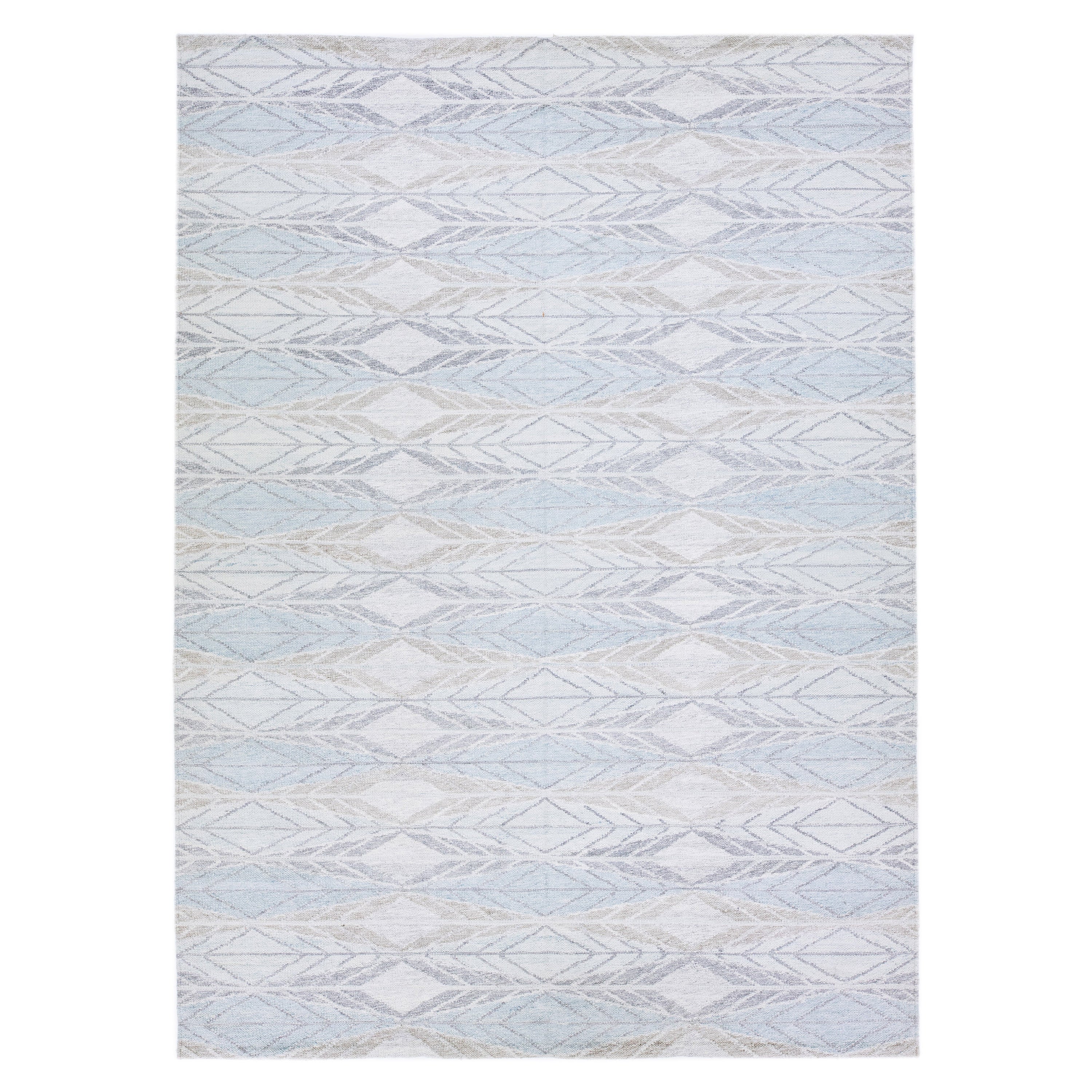 Modern Swedish Style Handmade Geometric Designed Blue Wool Rug For Sale