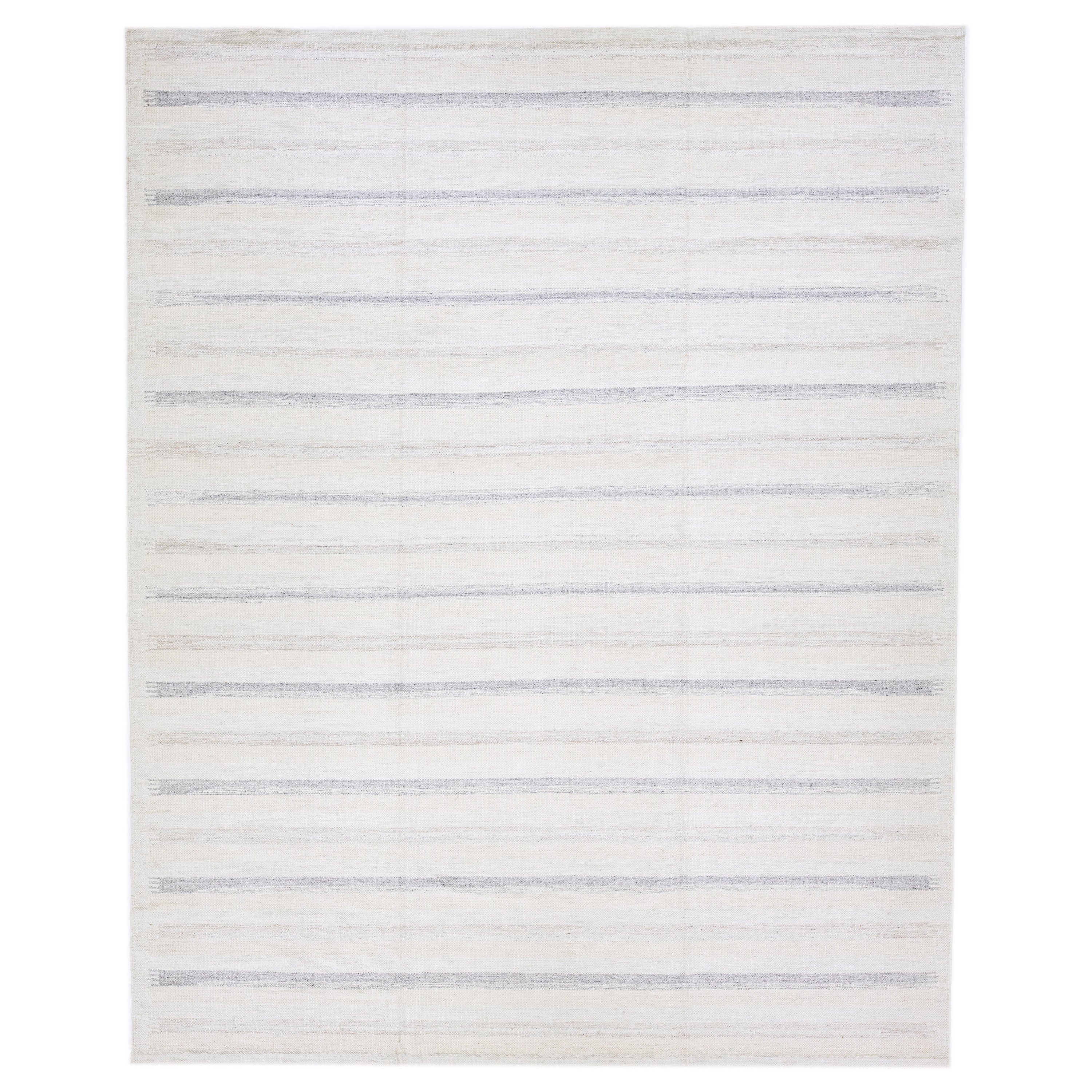Modern Swedish Style Handmade Beige And Gray Wool Rug With Striped Design For Sale