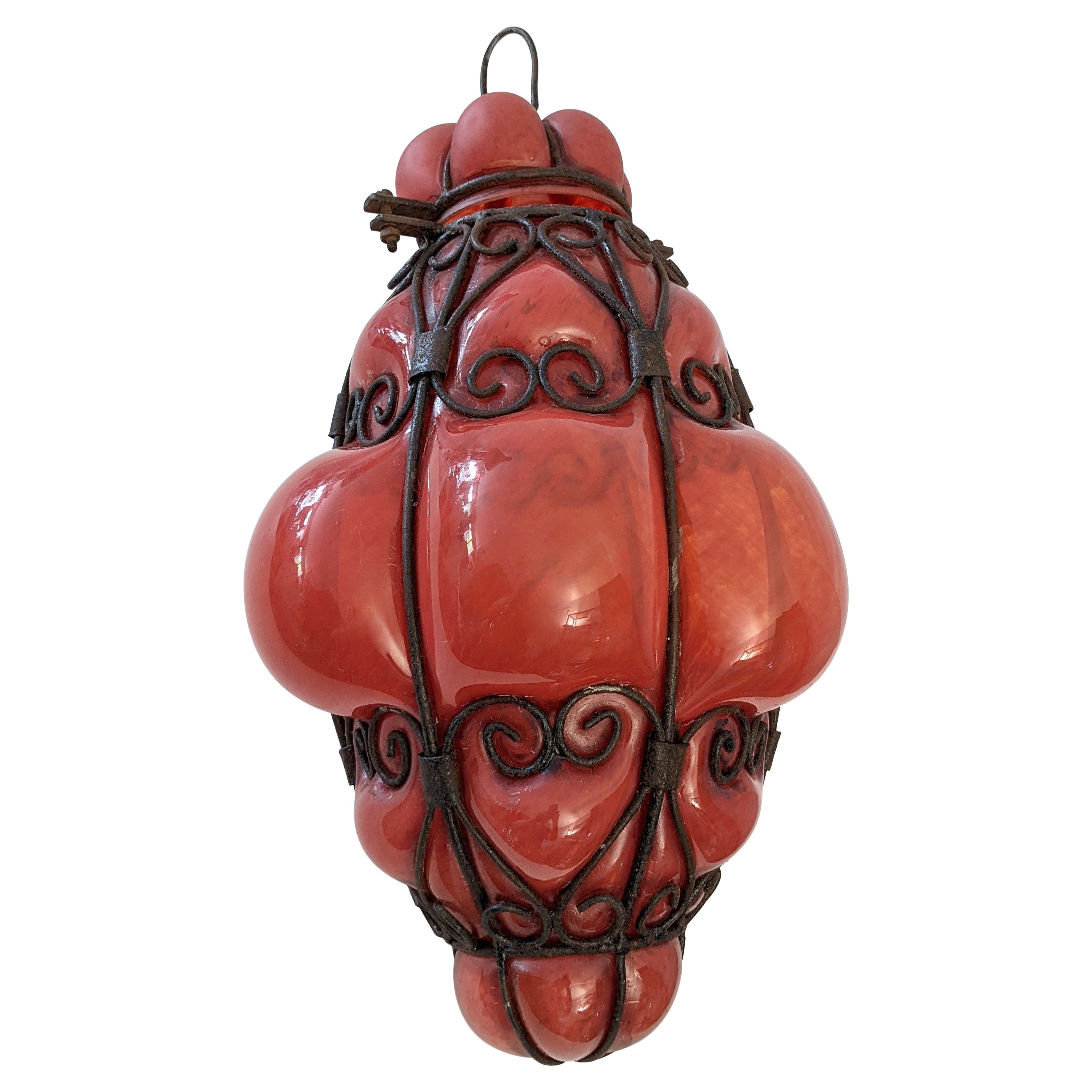 Venetian Blown Glass and Wrought Iron Pendant 