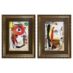 Pair of Framed Abstract Paintings on Paper, Mid 20th Century
