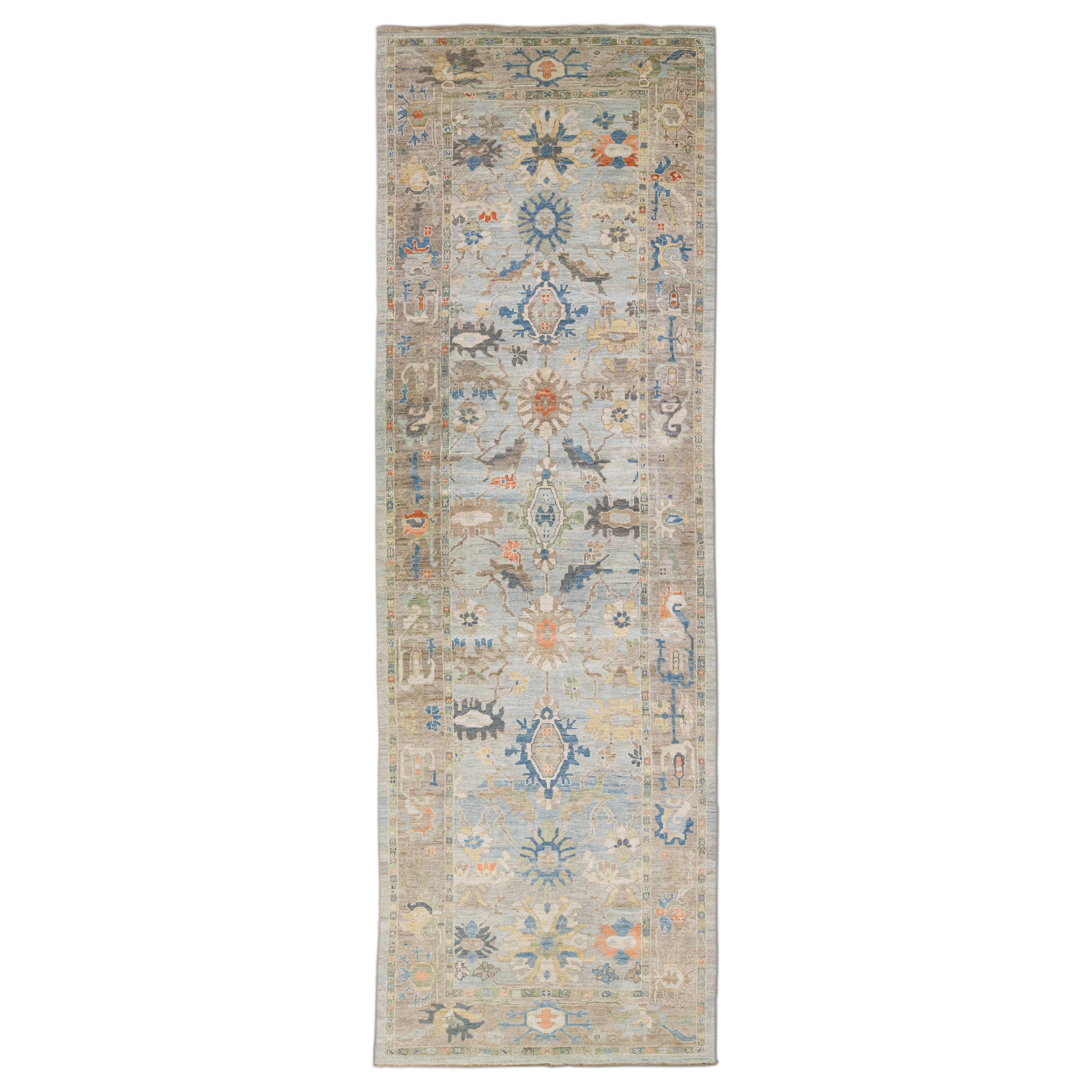 Modern Mahal Blue Handmade Wool Runner with Floral Design For Sale