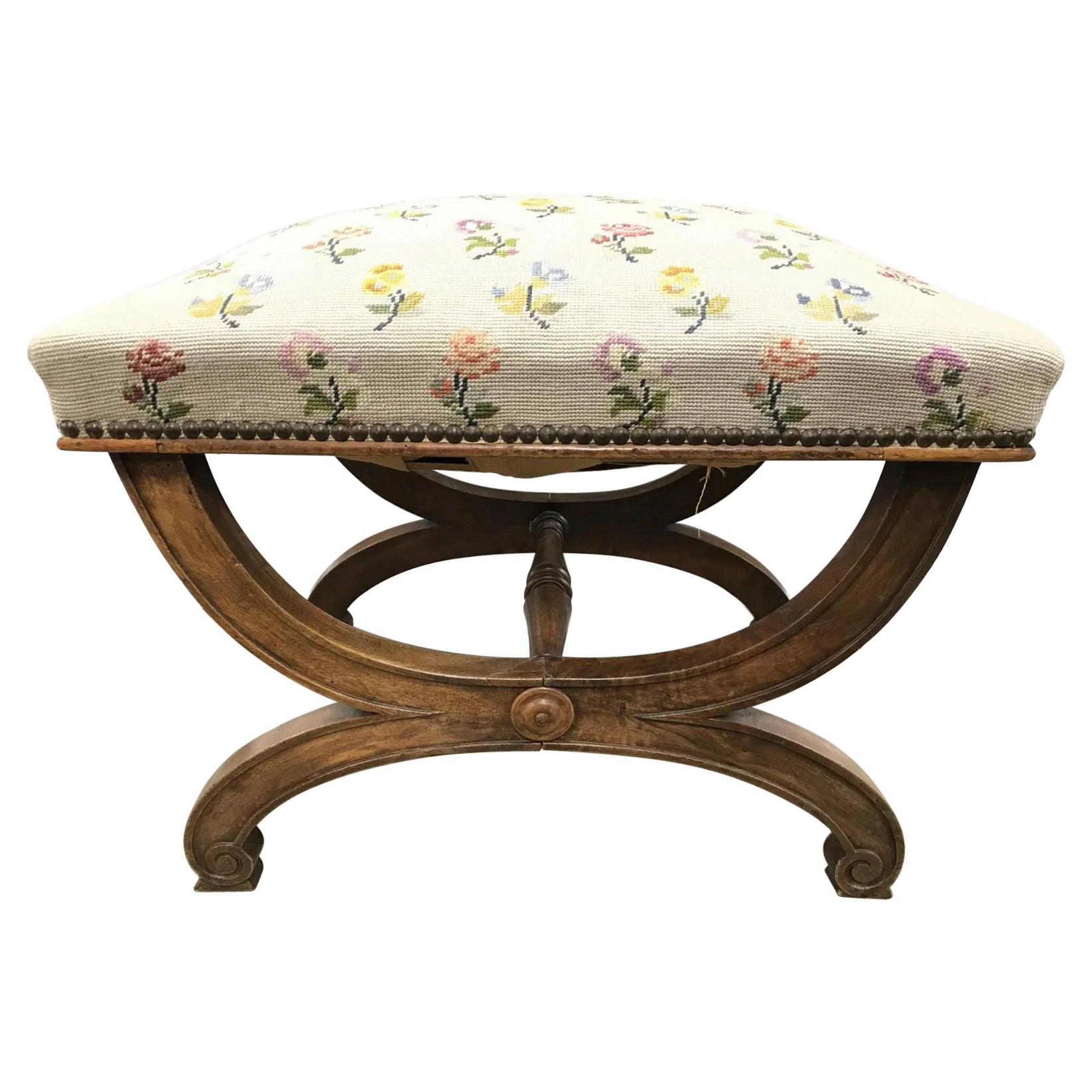 Vintage Neo-classical Style Needlepoint Upholstered Curule Bench