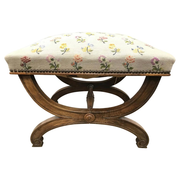 Vintage Neo-classical Style Needlepoint Upholstered Curule Bench For Sale