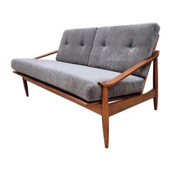 Mid-Century Modern Milo Baughman Walnut Frame Settee/Sofa Newly Upholstered