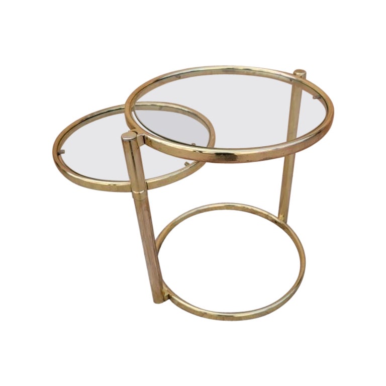 Milo Baughman Style Articulating 2-Tier Brass and Glass Cocktail Table For Sale