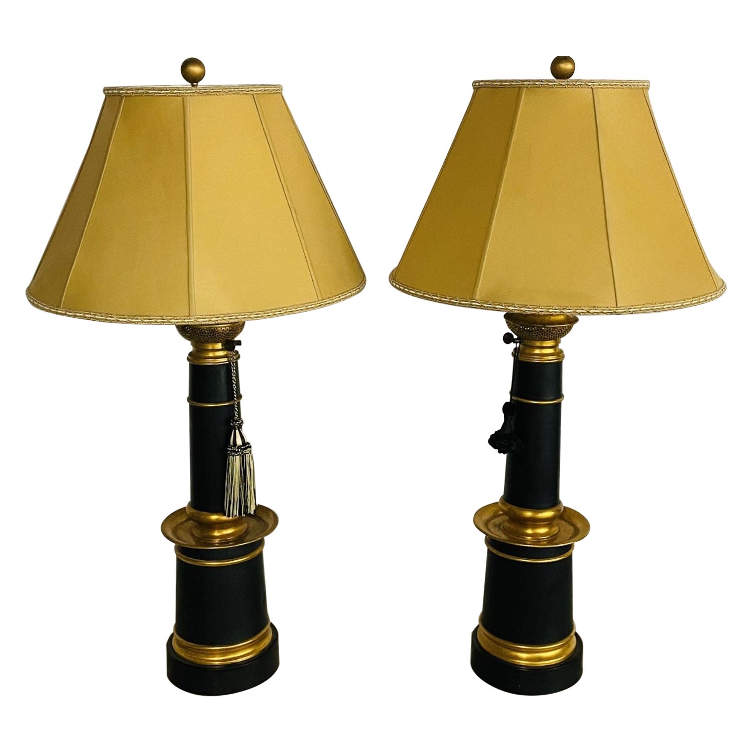 Pair of Hollywood Regency Style Table Lamps with Custom Shades, Ebony and Gilt For Sale