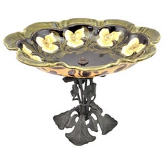 Antique Art Nouveau Cast Bronze & Ceramic Pedestal Bowl, Tazza or Centerpiece