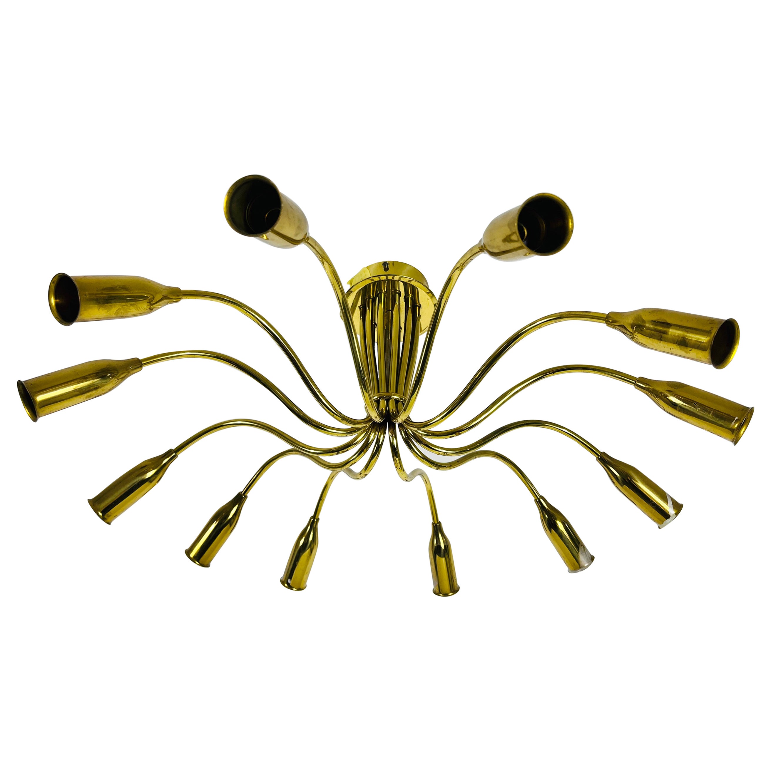 Italian Midcentury Brass 12-Arm Sputnik Chandelier Arredoluce Attributed, 1950s