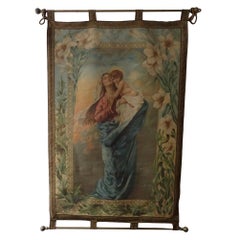 Antique 19th Century Italian Religious Banner Mary & Jesus Flowers & Stars Oliograph