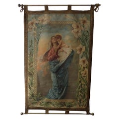 19th Century Italian Religious Banner Mary & Jesus Flowers & Stars Oliograph