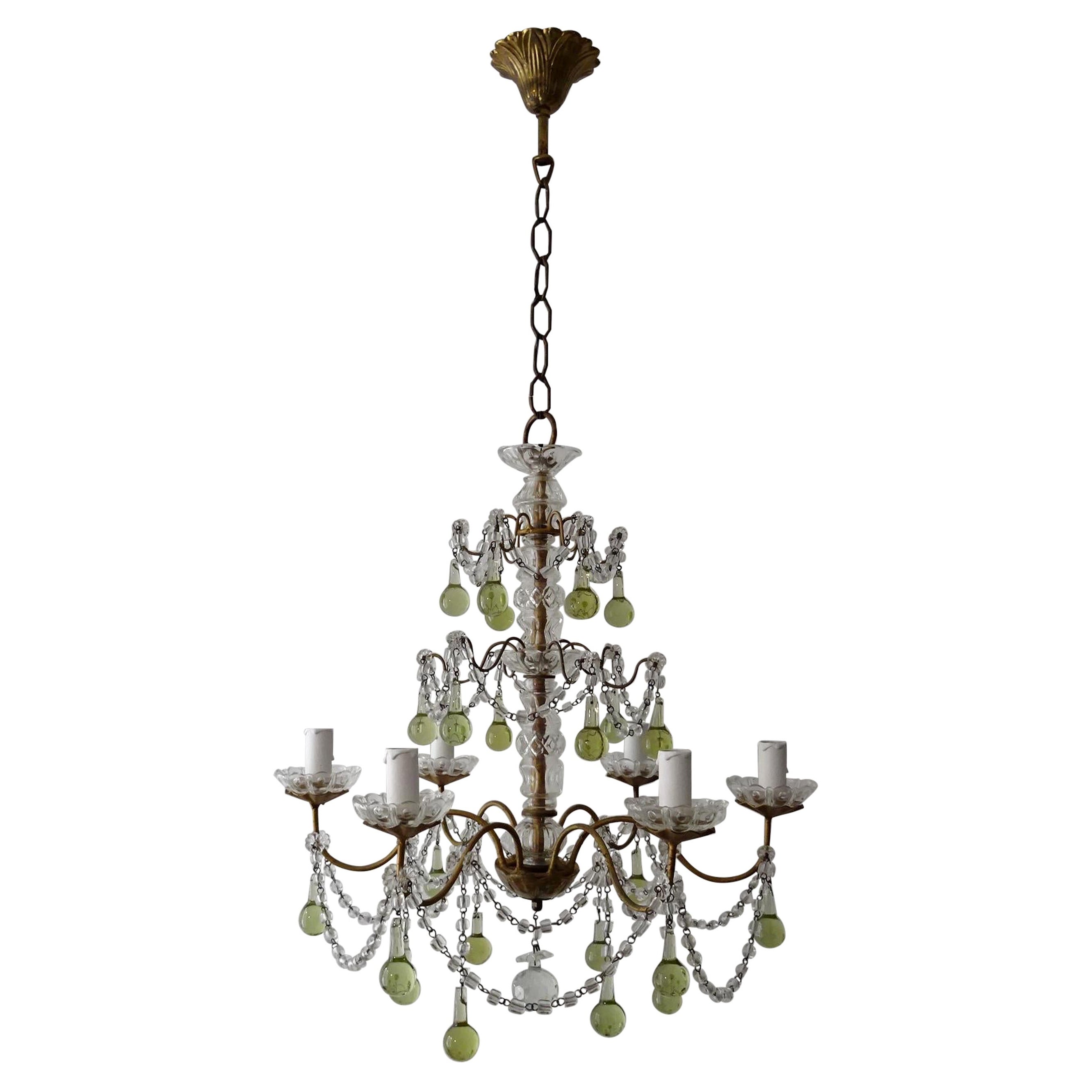 French Rare Green Chartreuse Murano Glass Drops Crystal Chandelier, circa 1920 For Sale
