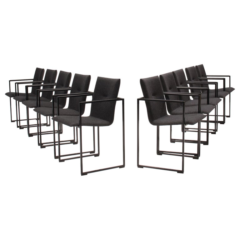Arco by Burkhard Vogtherr Black Metal and Grey Fabric Frame Chairs, Set of 10 For Sale