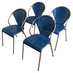 Set of 4 Chrome and Blue Lacquered Perfored Metal Chairs