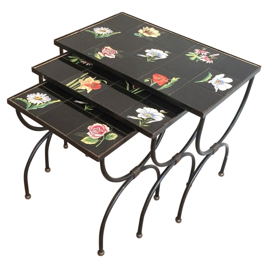 Unusual Ceramic and Black Iron Nesting Tables, French Work, circa 1950 For Sale