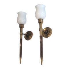 Pair of Wood, Brass and Opalin Glass Wall Sconces 'One Glass Is Broken'