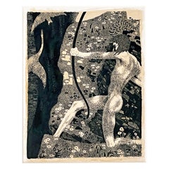 "Arciere nudo", audace disegno a inchiostro con nudo maschile, influenzato da Klimt