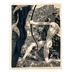 Vintage "Nude Archer, " Bold Ink Drawing with Male Nude, Influenced by Klimt