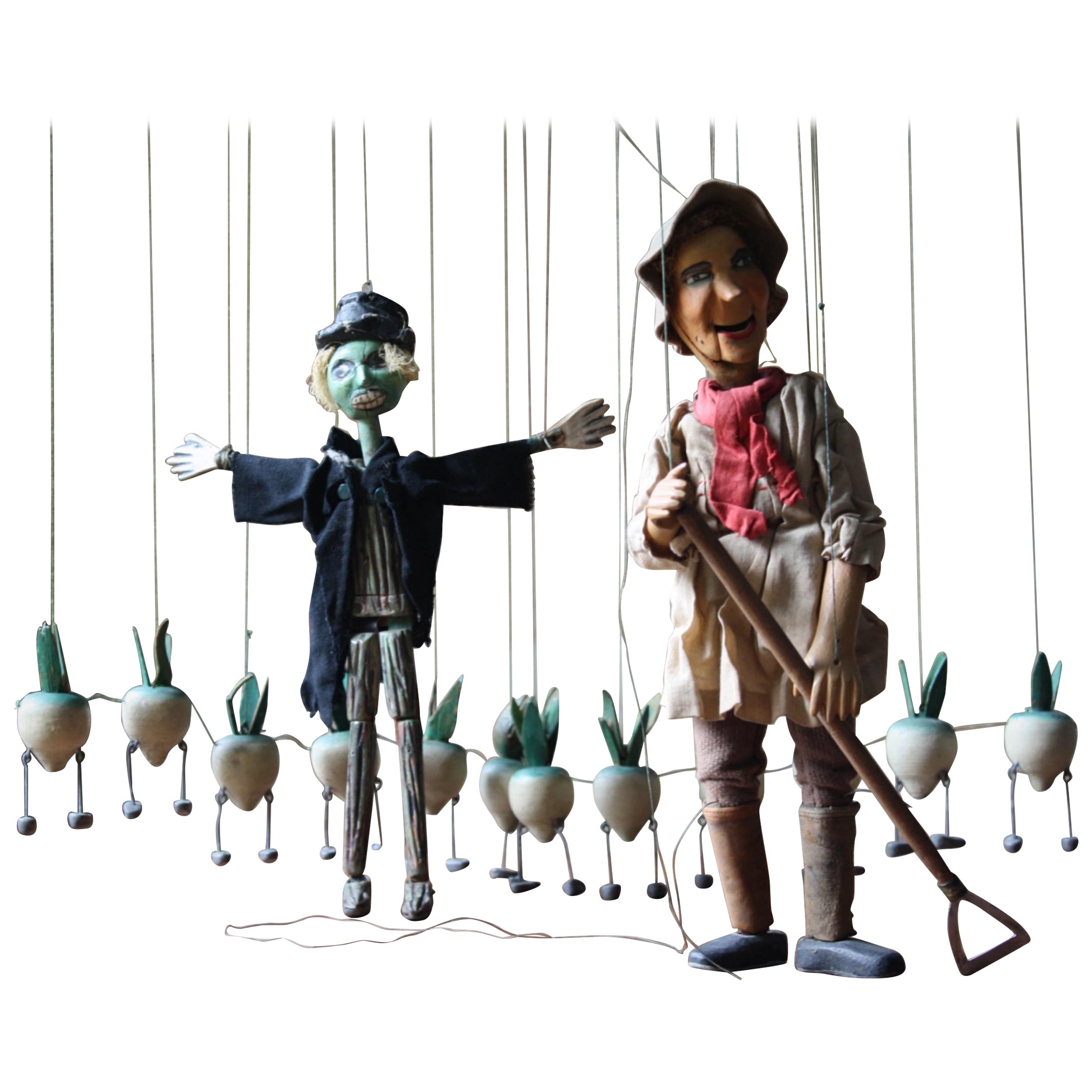 Les marionnettes en jacquard « The Turnip's, Scarecrow & Gardener » de John Carr des années 1940