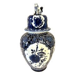 Delft Chinoiserie Blue and White Covered Urn Jar with Foo Dog