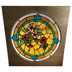 Late 19th Century Antique Round Stained Glass Window in a New Square Wood Frame