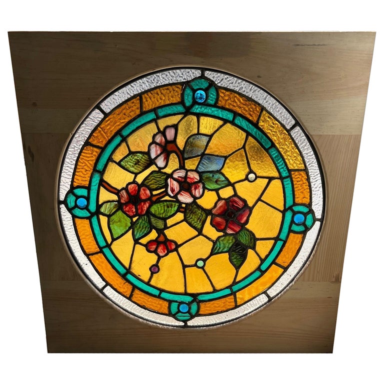 Late 19th Century Antique Round Stained Glass Window in a New Square