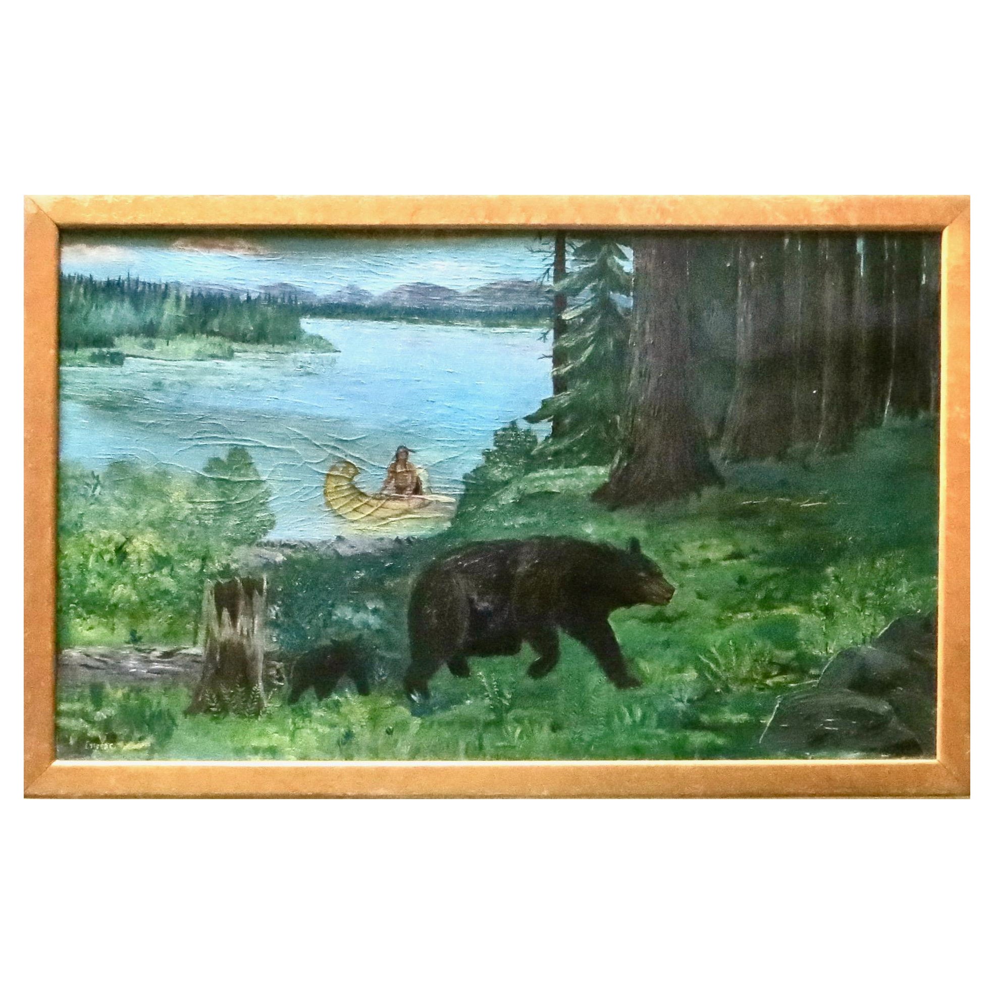 Early Canadian Landscape Indian and Bear Themed Painting Signed and Dated "1848"