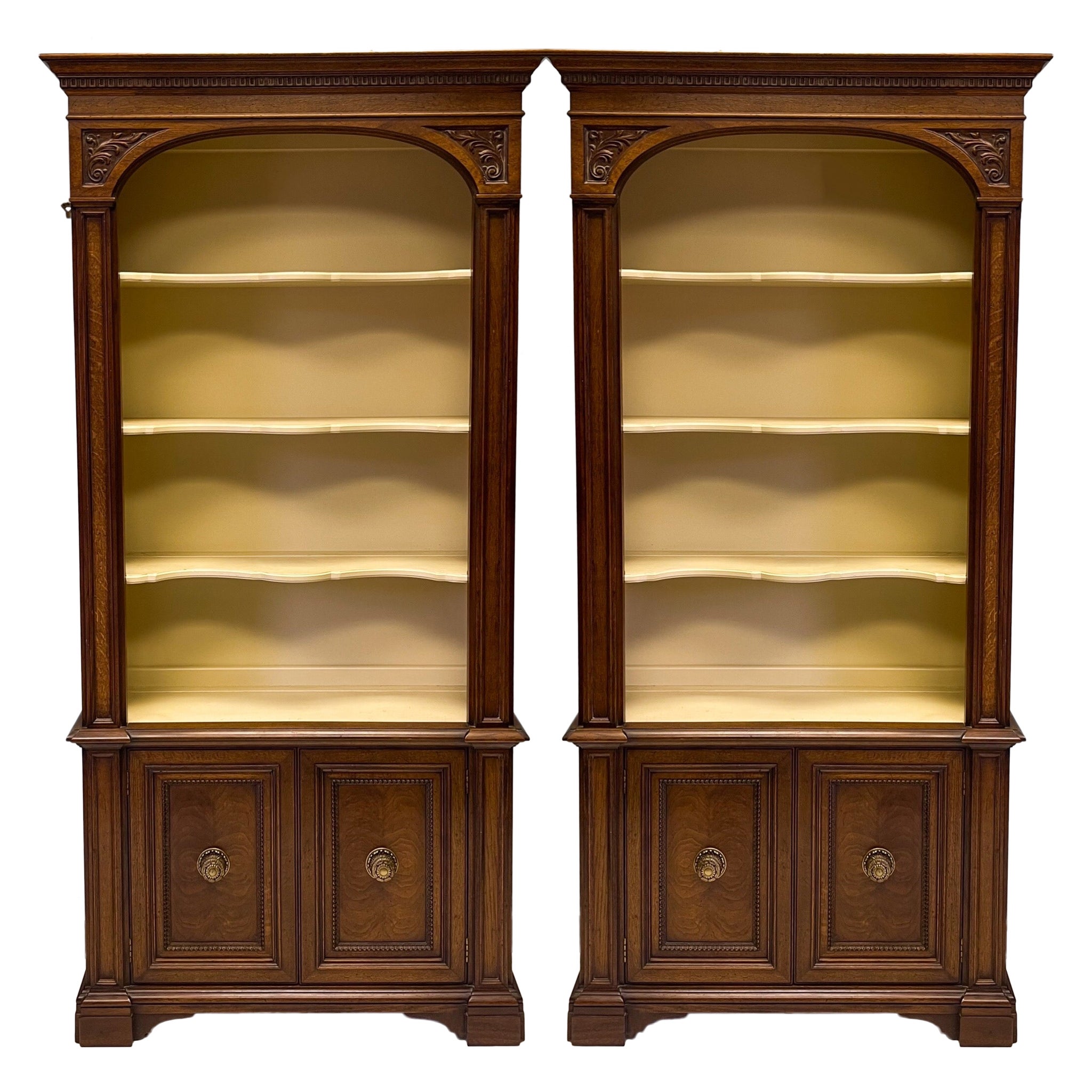 Mid-Century English Style Carved Fruitwood and Burl Bookcases / Cabinets, Pair For Sale