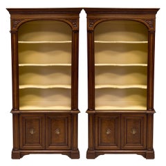 Mid-Century English Style Carved Fruitwood and Burl Bookcases / Cabinets, Pair