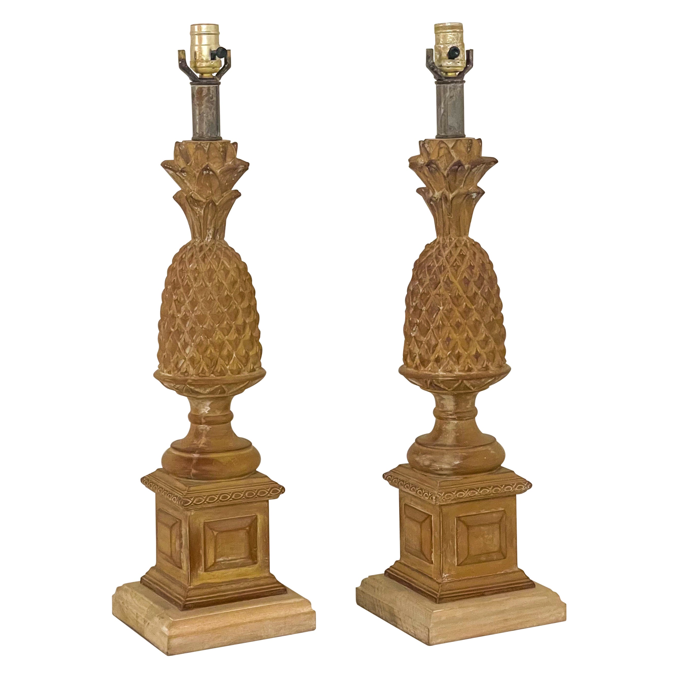 Mid-Century Regency Style Carved & Cerused Pineapple Table Lamps, Pair For Sale